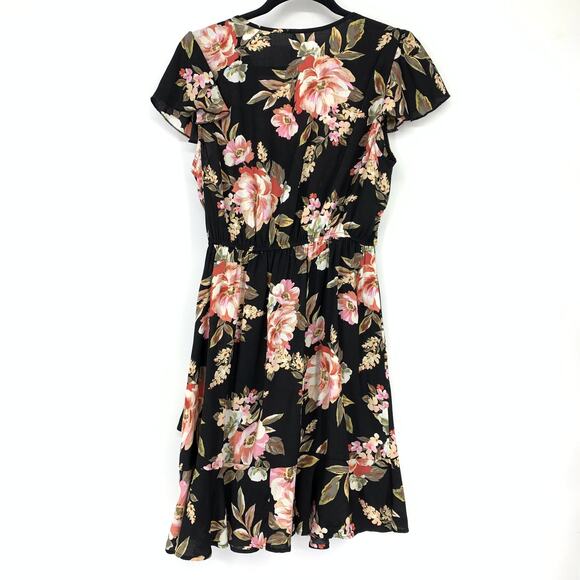 Xhilaration Women's Size Medium Ruffle Faux Wrap Dress Black Pink Floral NWT - Picture 2 of 7